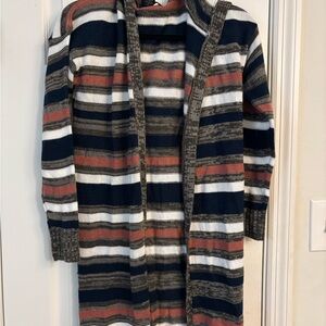 Chic Striped Cardigan Sweater - Navy, Brown, and White
